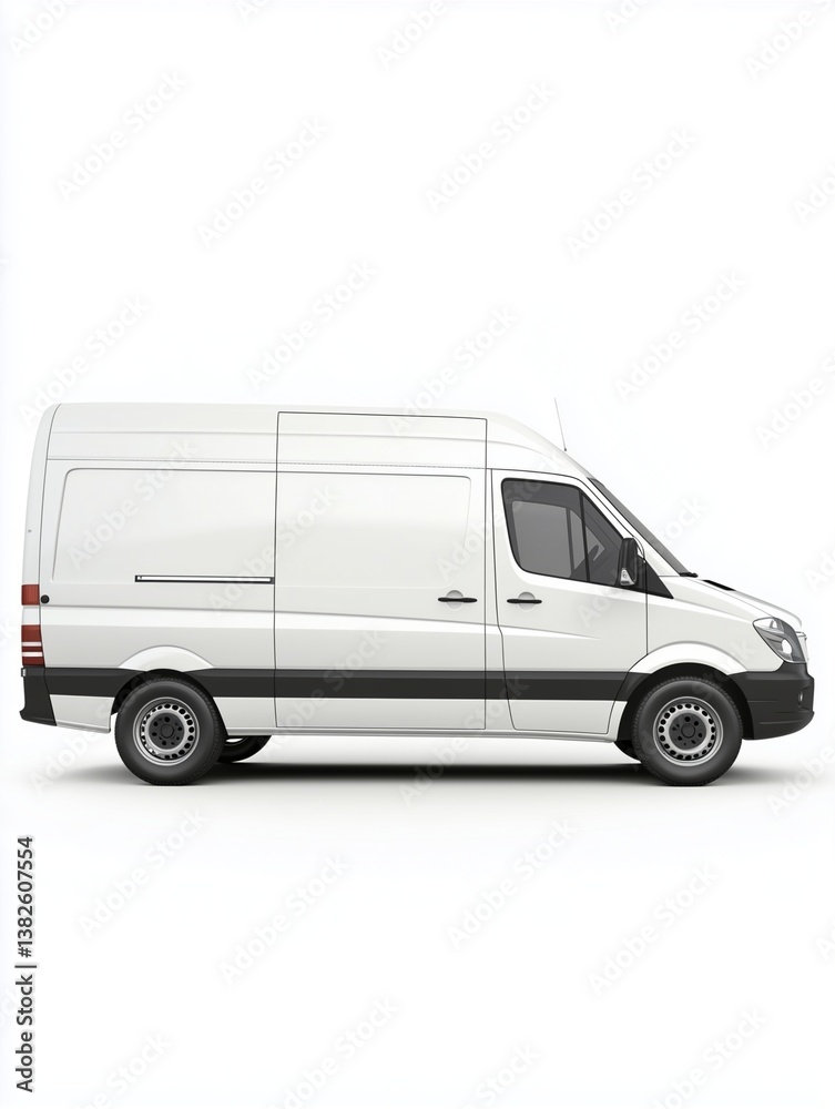 Sleek White Van: A side view of a pristine white commercial van, exuding cleanliness and efficiency. Perfect for transport and logistics. Sleek White Van: A side view of a pristine white commercial van, exuding cleanliness and efficiency. Perfect for transport and logistics.