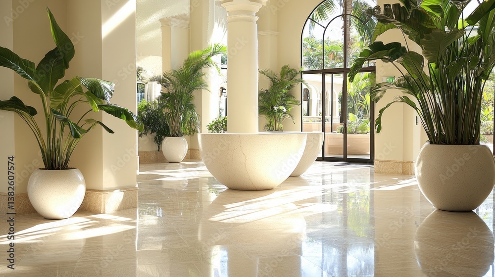 Fototapeta premium A bright lobby featuring elegant white marble tables and lush potted plants creates a sophisticated and welcoming atmosphere.
