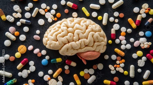 A brain surrounded by scattered pills, symbolizing brain disease and mental health issues.