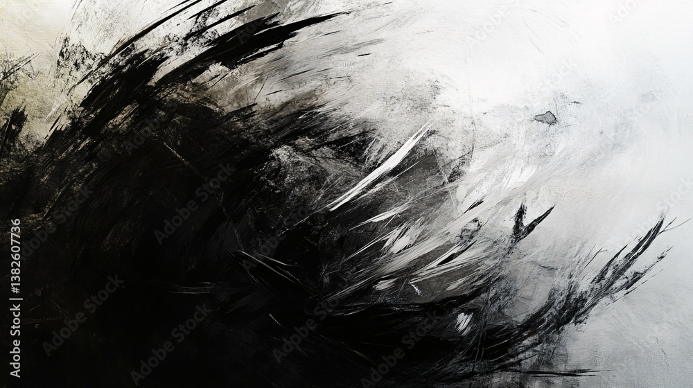Obraz premium An abstract black and white painting with dynamic brushstrokes and textures