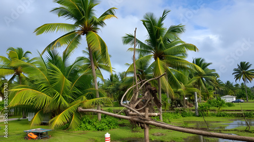 Palm trees partially uprooted by strong tropical winds, broken, destruction