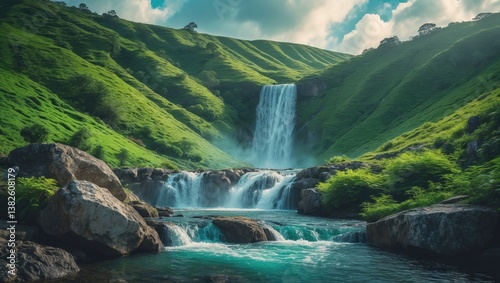 A scenic mountain waterfall descends through vibrant green meadows. The clear water spills over rocks, forming a tranquil and invigorating natural setting beneath a bright blue sky.