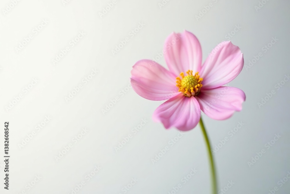A small, delicate flower isolated on white background with subtle reflection and light, single, garden, petals A small, delicate flower isolated on white background with subtle reflection and light, single, garden, petals
