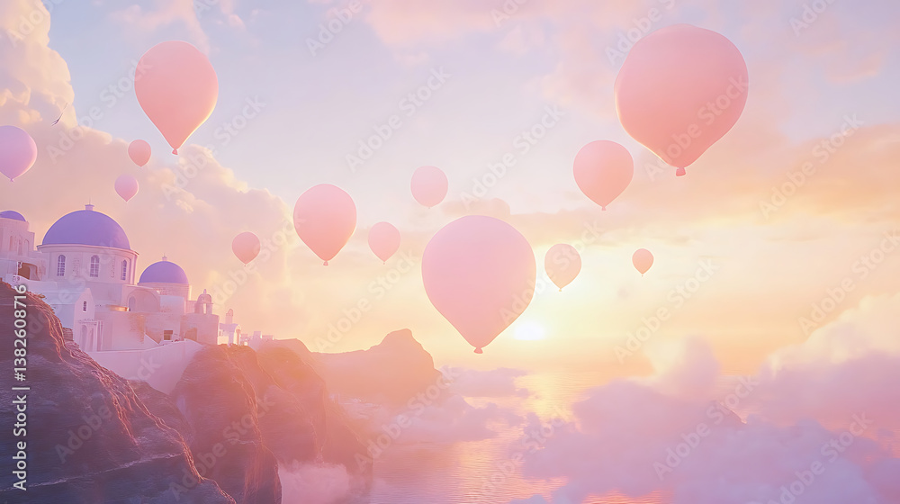 Fototapeta premium Colorful hot air balloons at sunrise over santorini greece aerial photography serene landscape