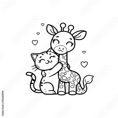 Cute cat and giraffe hugging with hearts in a playful and cheerful coloring page for children