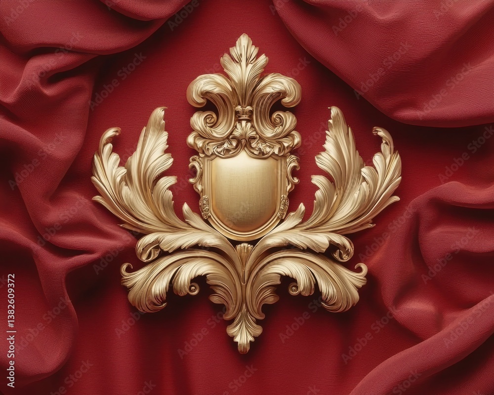 Fototapeta premium A decorative golden crest set against rich red fabric, featuring intricate leaf patterns and an ornate shield design.