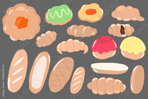 set of Bread and bakery products cartoon set. Whole loaf and cut into slices for toast, bagel and bun roll,croissant variant all
