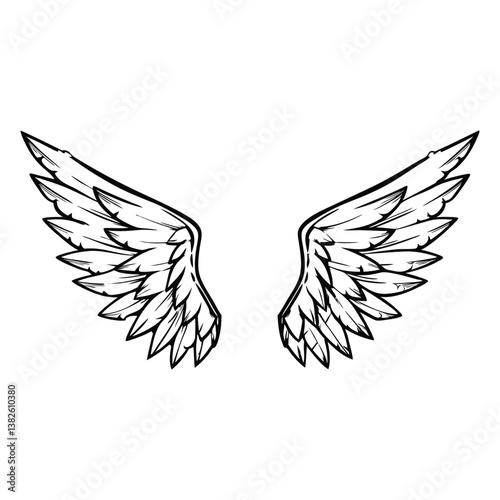 Black and white illustration of detailed spread angel wings