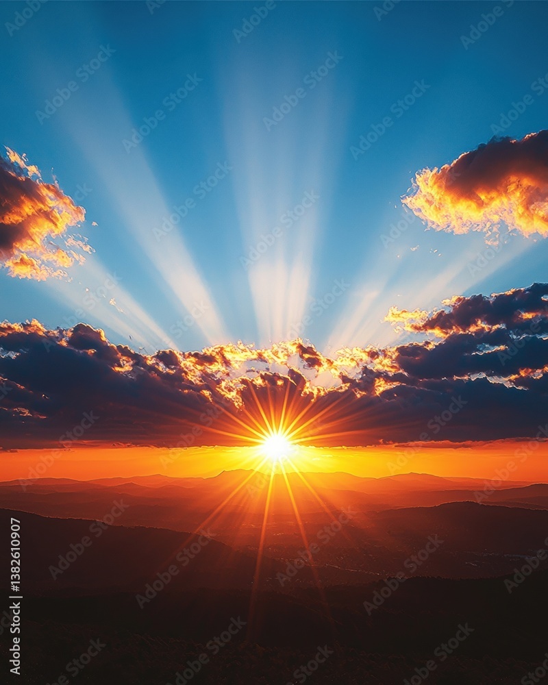 Fototapeta premium A breathtaking sunset with vibrant rays of light streaming through colorful clouds over a mountainous landscape.