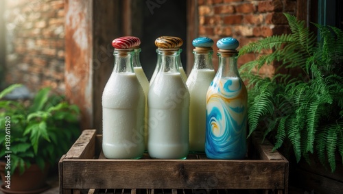 Doorstep milk delivery, bottles of milk, skimmed and semi-skimmed.