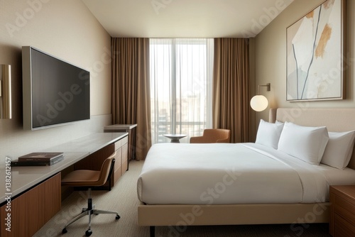 A modern hotel bedroom with desk and a large television photo