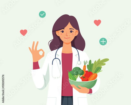 Professional nutritionist in lab coat holding bowl of fresh vegetables, gesturing 'OK' in flat vector style