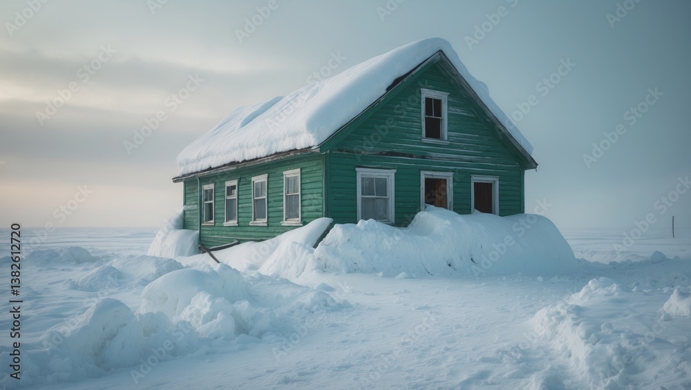 Deep snowdrifts accumulated against the sides of a house following a winter storm. Deep snowdrifts accumulated against the sides of a house following a winter storm.