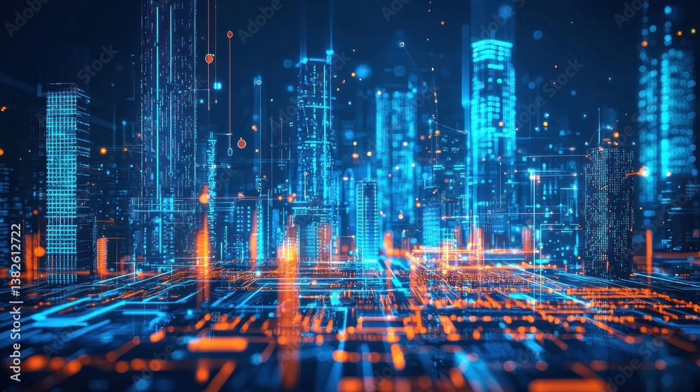 Obraz premium Digital Metropolis: A futuristic cityscape of glowing skyscrapers and interconnected networks.