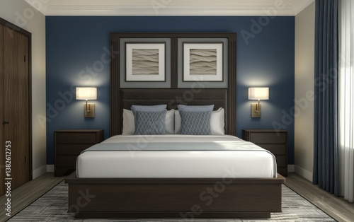 A nicely decorated bedroom interior showing a bed and furnishings