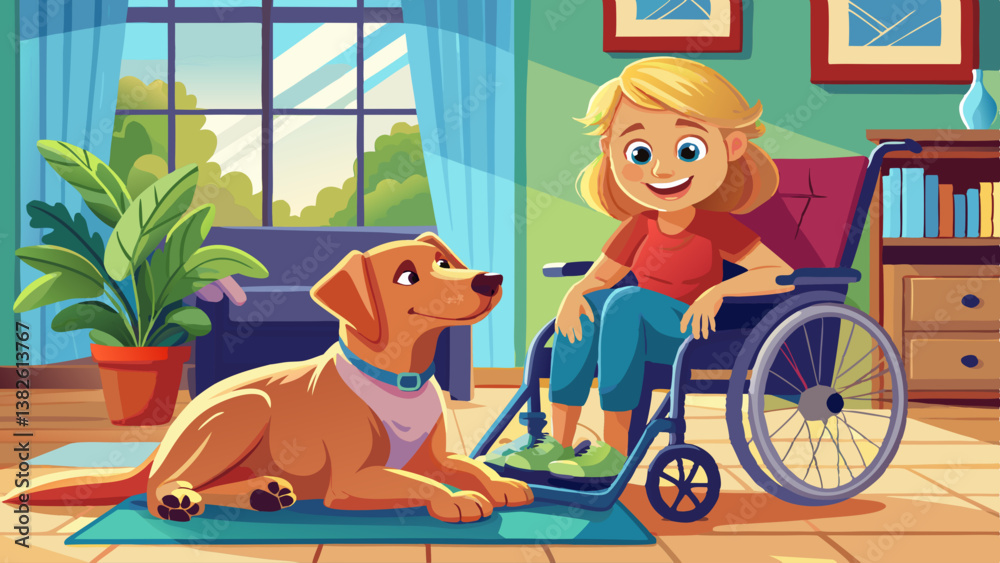 Obraz premium Cute service dog lying near woman in wheelchair at home