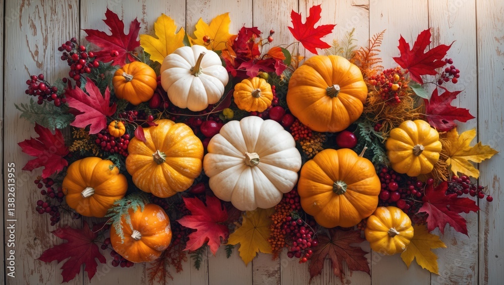 Fototapeta premium Festive autumn decoration featuring pumpkins, berries, and leaves on a white wooden surface. Flat lay autumn arrangement with space for text.