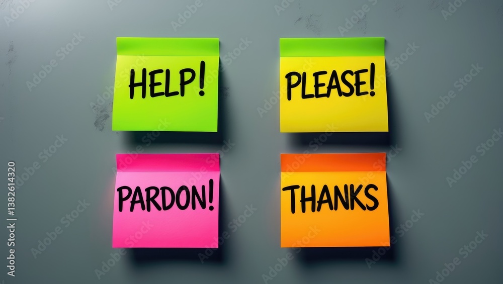 Four sticky notes featuring different polite words are arranged on a gray background. Four sticky notes featuring different polite words are arranged on a gray background.