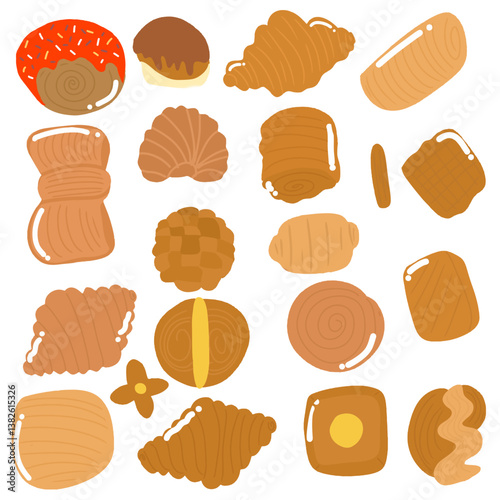 set of Bread and bakery products cartoon set. Whole loaf and cut into slices for toast, bagel and bun roll,croissant variant all