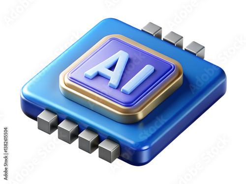3D render of artificial intelligence chip with AI text in blue and silver microprocessor design, showcasing futuristic computing and advanced digital technology