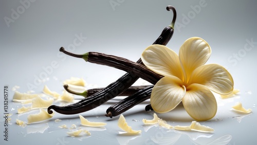 Dried vanilla pods and orchid bloom isolated on a background.