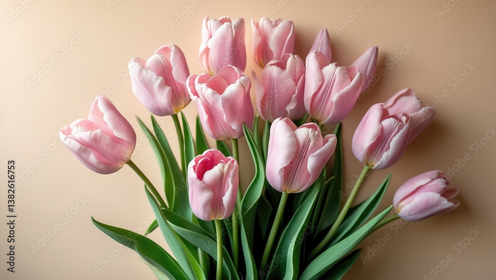 Fototapeta premium Flowers background banner. Pink tulips arranged on a beige backdrop. Space for text.