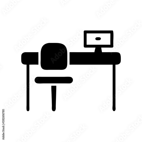 Icon of a desk and chair with a computer  