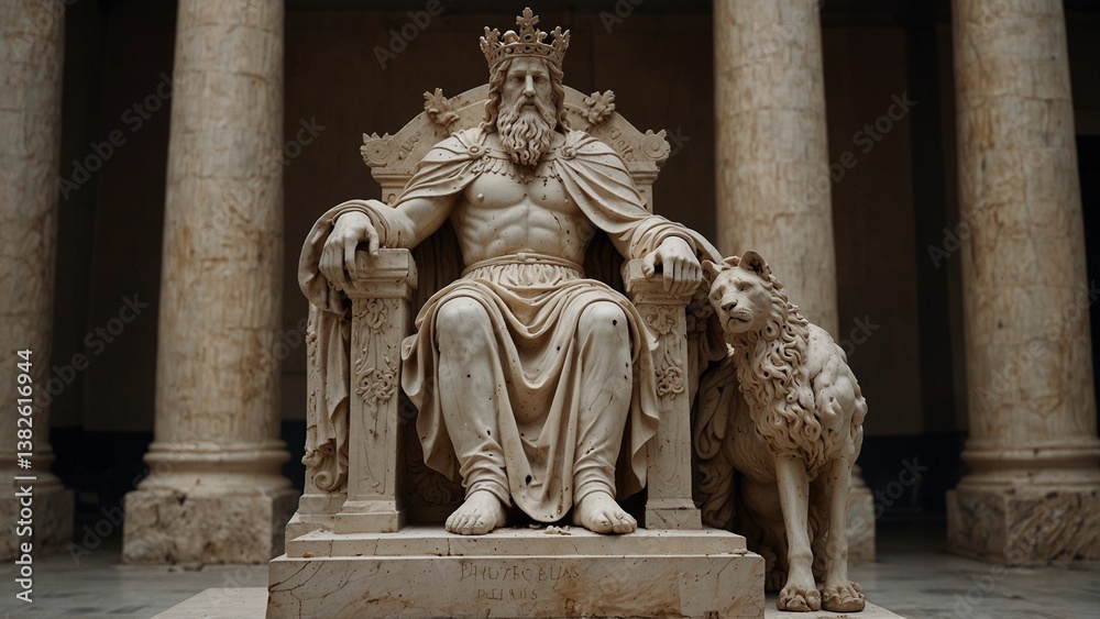 A statue of Pelias, the uncrowned king, his shattered crown at his feet, eyes hollow and vacant A statue of Pelias, the uncrowned king, his shattered crown at his feet, eyes hollow and vacant
