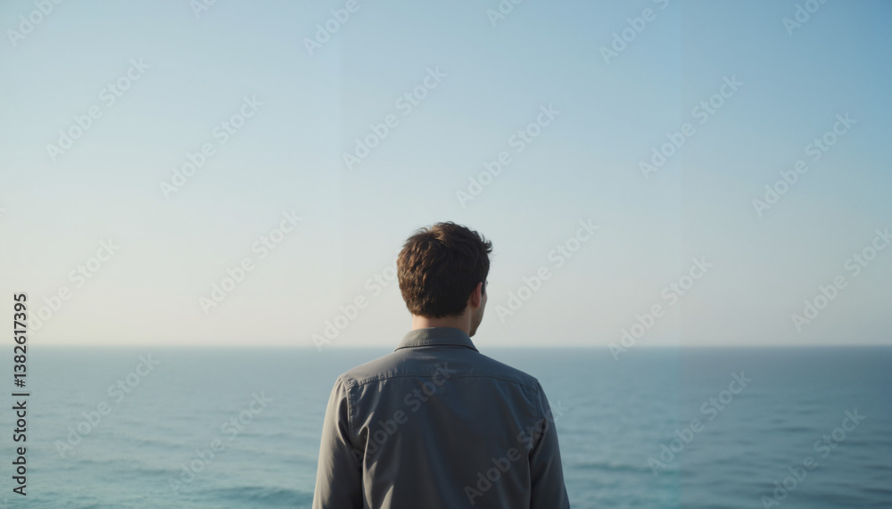 Man contemplating the ocean against a serene blue sky Man contemplating the ocean against a serene blue sky