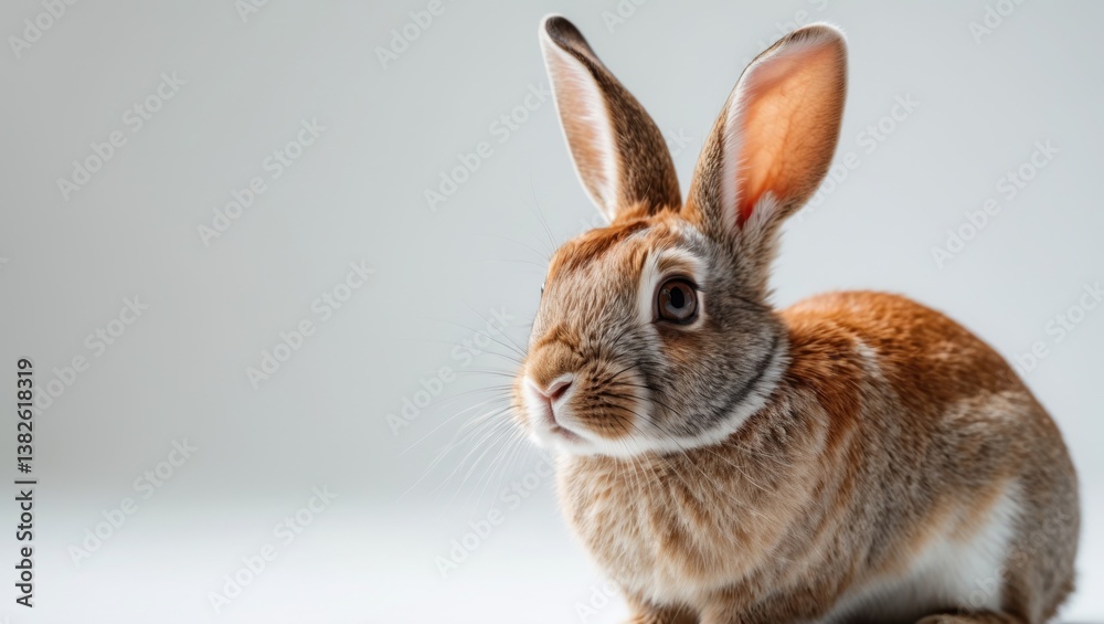 Fototapeta premium Rabbit gazing at the camera with curiosity, set against a white background.