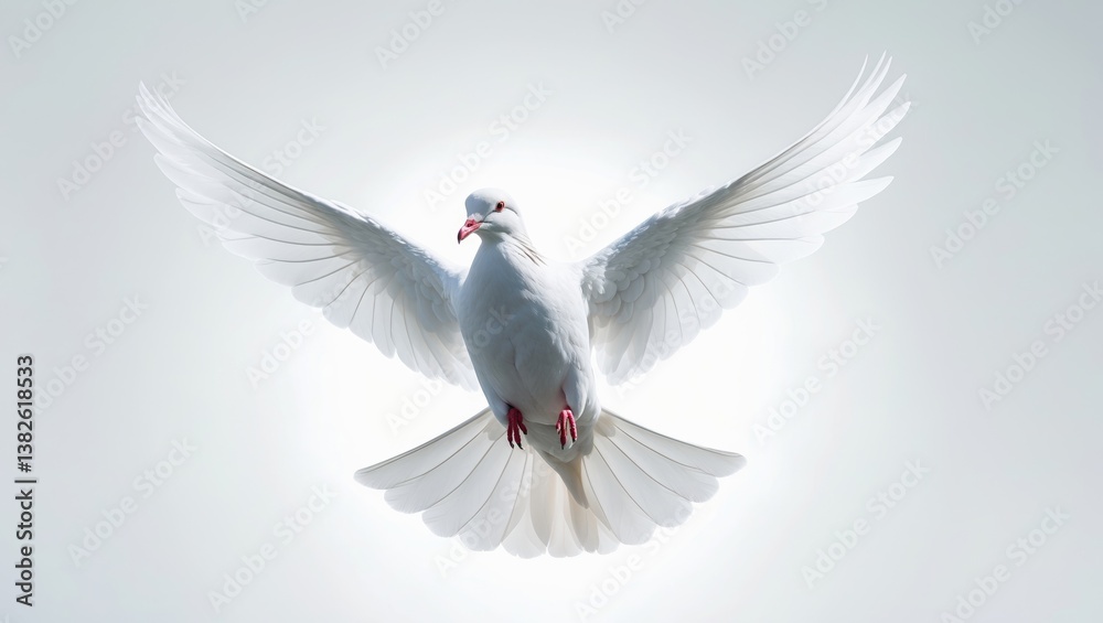 Obraz premium Free flying white dove against a plain background as a symbol of peace.