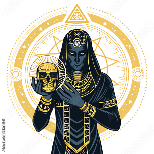Create a bold vector illustration of a futuristic shaman, holding a glowing orb, with vibrant, dynamic strokes.