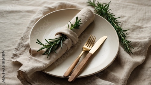 Abstract table arrangement featuring an artesian plate, gold cutlery, linen napkin adorned with rosemary, festive table decor.