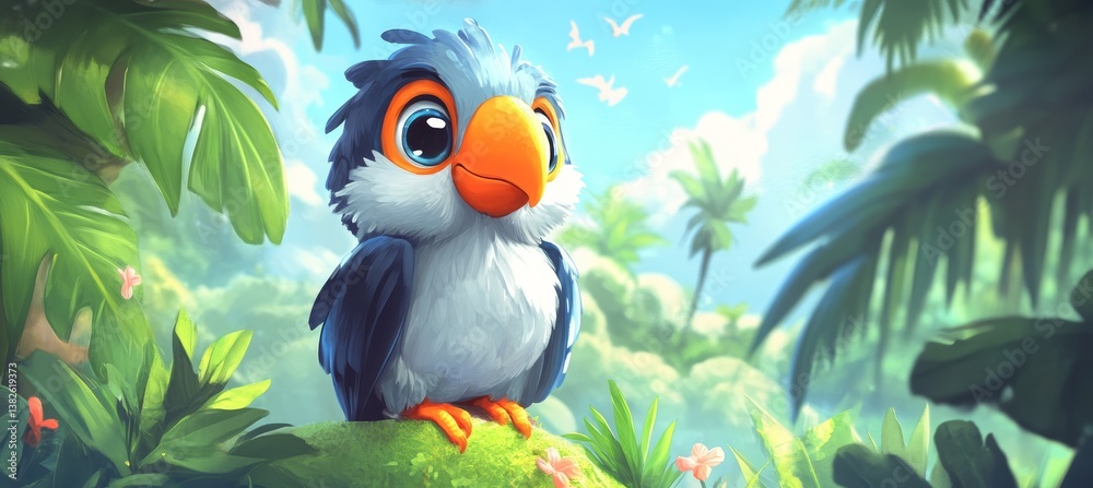 Tropical puffin bird cartoon illustration. Generative AI technology.