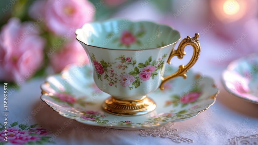 Fototapeta premium Antique floral tea set close-up shot
