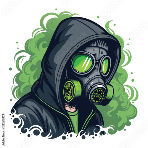 Create a bold vector illustration of an anarchist wearing a gas mask, utilizing strong, impactful lines and a striking color palette.