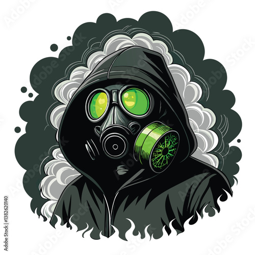 Create a bold vector illustration of an anarchist wearing a gas mask, emphasizing strong lines and impactful design.