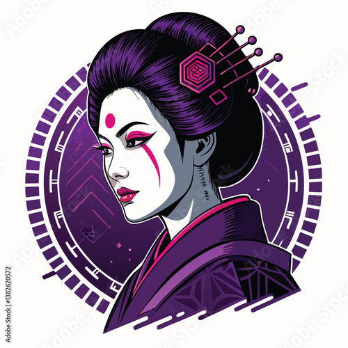 Create a bold, vector illustration of a geisha with vibrant neon makeup, using strong brush strokes and a graphic style.
