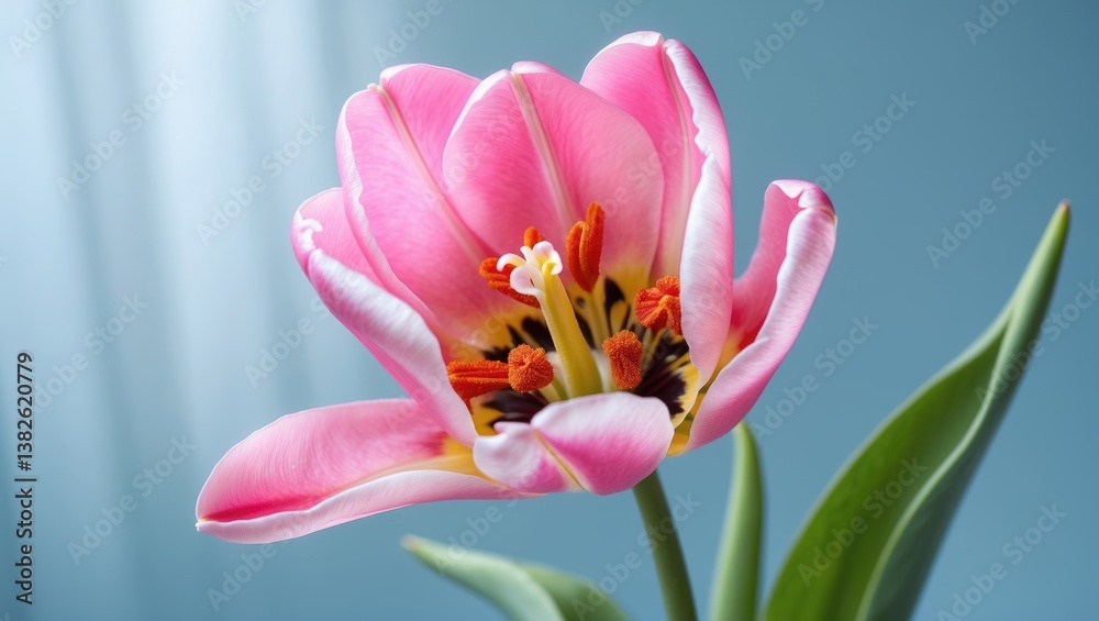 Fototapeta premium A vibrant pink tulip on a green stem with some leaves set against a light blue backdrop. The base is yellow. The petals have a soft, papery texture. The center features an orange pistil with thick ...