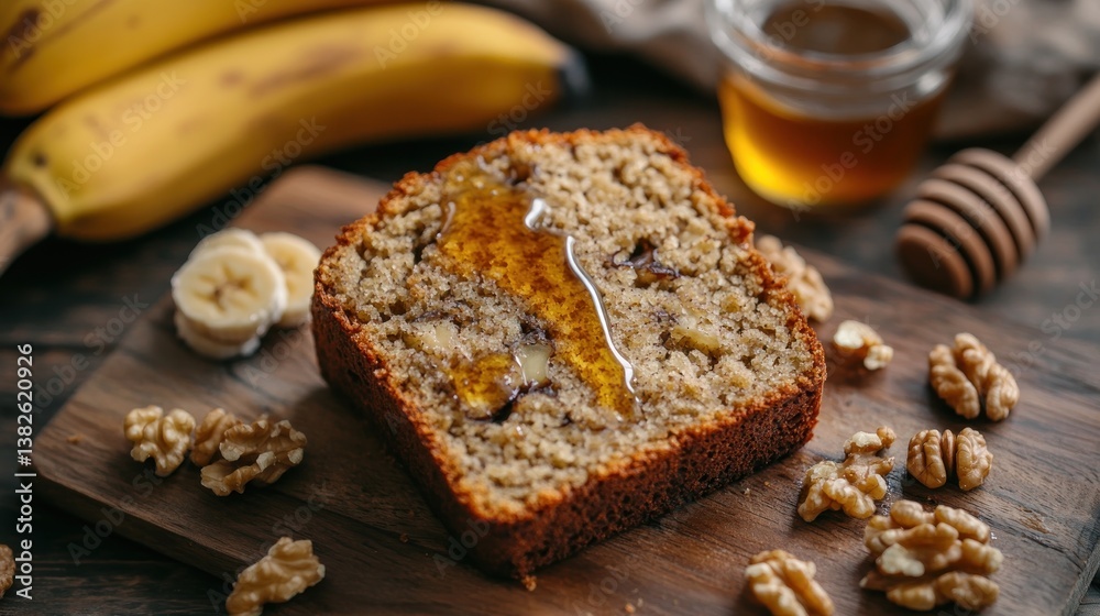 Delicious slice of homemade banana bread with walnuts and honey drizzle closeup Delicious slice of homemade banana bread with walnuts and honey drizzle closeup