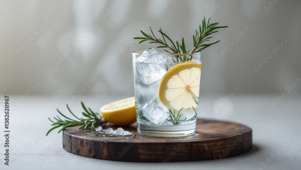 Fototapeta premium Cocktail beverage with lemon, rosemary, and ice on a table.