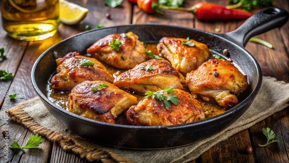 Fototapeta premium Crispy Pan-Fried Chicken Pieces, Golden Brown & Juicy - Stock Photo