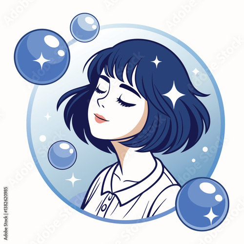 Create a vector illustration of a gentle anime woman with bold, impactful strokes.  Focus on strong lines and expressive eyes.
