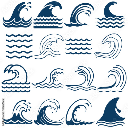 Wave drawing illustration set. Wave line drawing illustration, water wave set, realistic water wave.