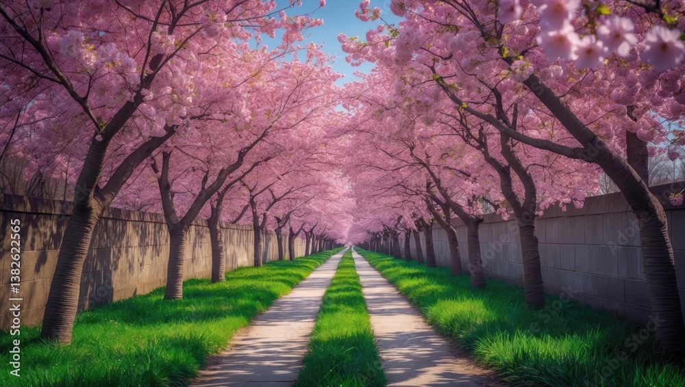 Naklejka premium Alley of blooming cherry trees along the route of the former Wall. Radiant sunlight casting shadows.