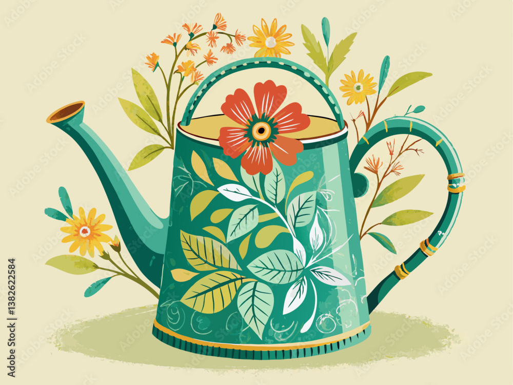 A beautifully illustrated watering can in vintage green tones with floral motifs, set against a muted cream background