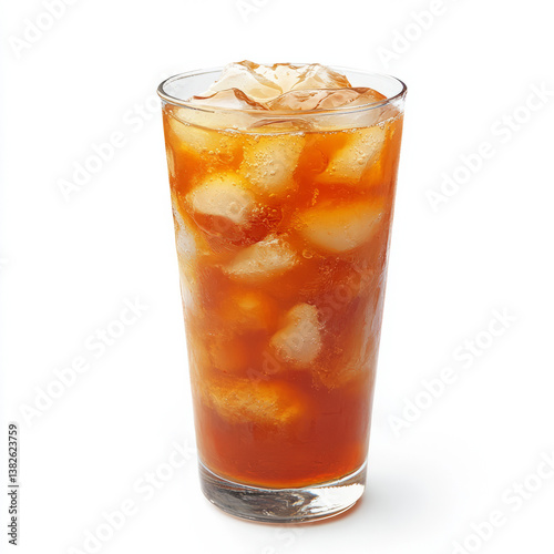 A close-up of a refreshing tamarind agua fresca, a sweet and tangy drink made with tamarind pulp, water, and sugar, served in a tall glass with ice, isolated on clean white background.