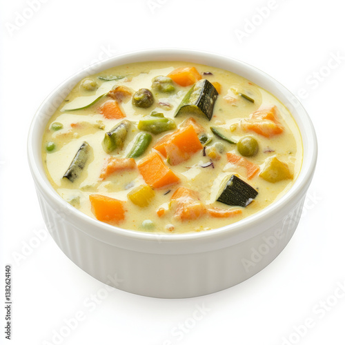 A bowl of vegetable aviyal, with a mixed vegetable curry in a coconut and yogurt sauce, isolated on clean white background.