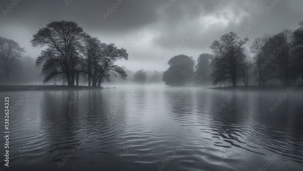 Fototapeta premium Rainy day with a gray landscape featuring a pond adorned with raindrops and a sky entirely hidden by clouds, resulting in limited visibility due to rain and fog.