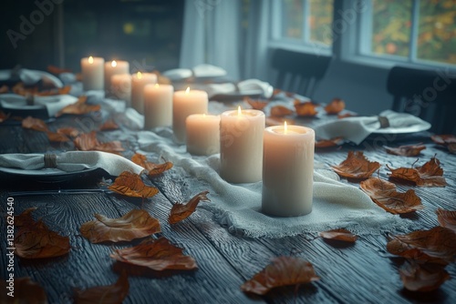 Envision a serene autumn gathering, where the warmth of camaraderie intertwines with the gentle glow of candlelight The dining table, adorned with nature's autumnal hues, invites you to partake in a